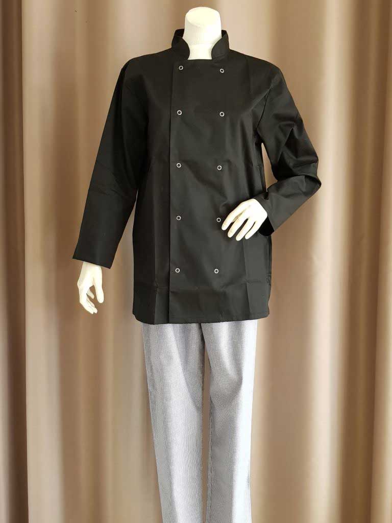 Vêtement de travail : Veste noire et pantalon de cuisine gris pour une tenue professionnelle pour cuisinier, conçue sur mesure et vendue en magasin proche de Montpellier